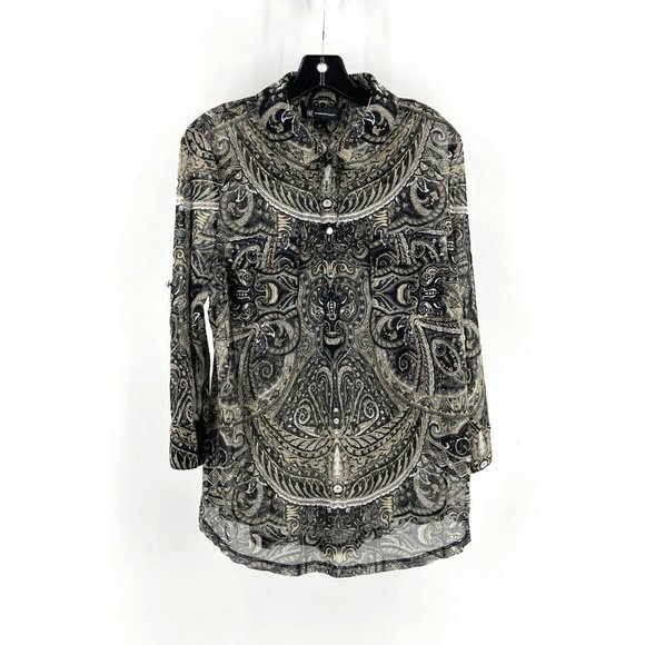 INC Black Paisley Long Sleeve Rhinestone Buttons Sheer Collared Top Shirt XL - Picture 1 of 14